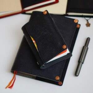 Black Pueblo Leather Ring Planner – Flat Lay Binder, Rose Gold Rivets