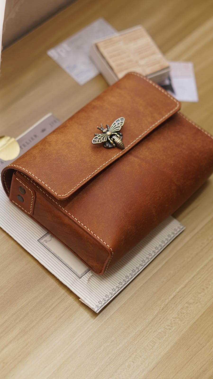 A6 Journal Pouch Organizer, Leather Stationery Case with Bee Button - Image 6