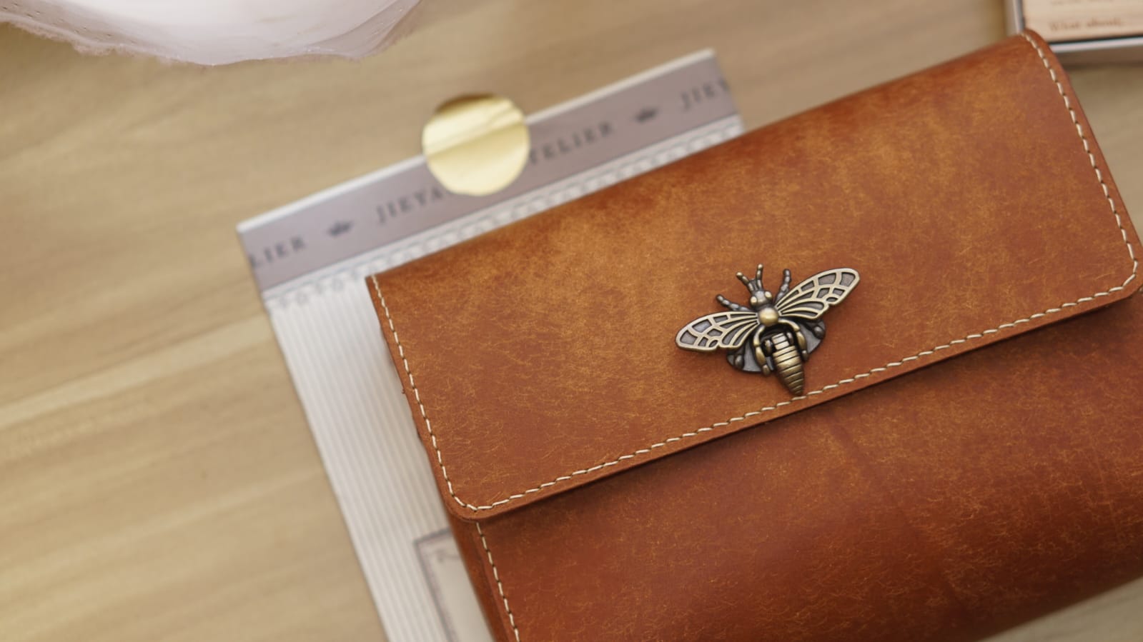 A6 Journal Pouch Organizer, Leather Stationery Case with Bee Button - Image 4