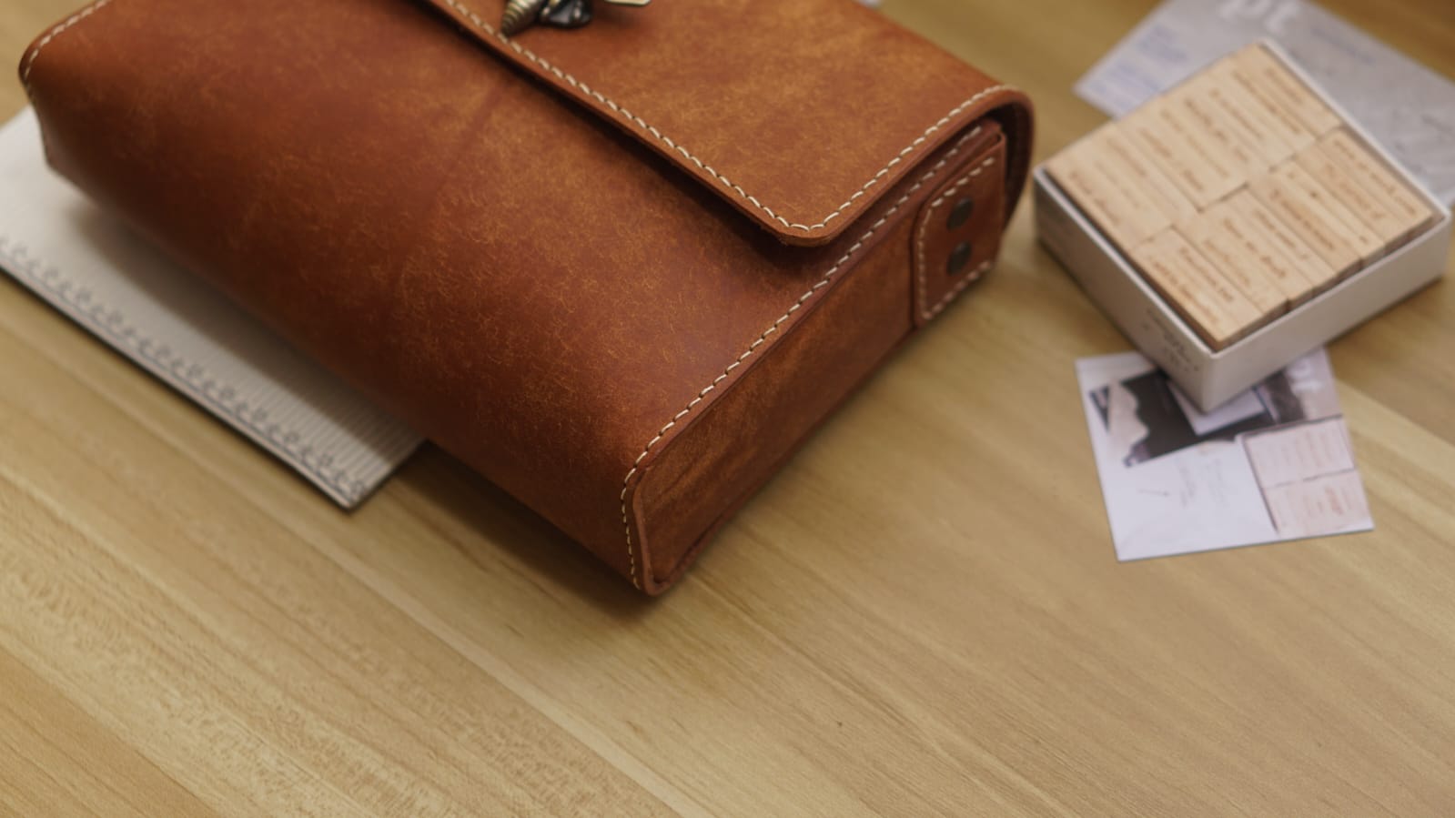 A6 Journal Pouch Organizer, Leather Stationery Case with Bee Button - Image 3