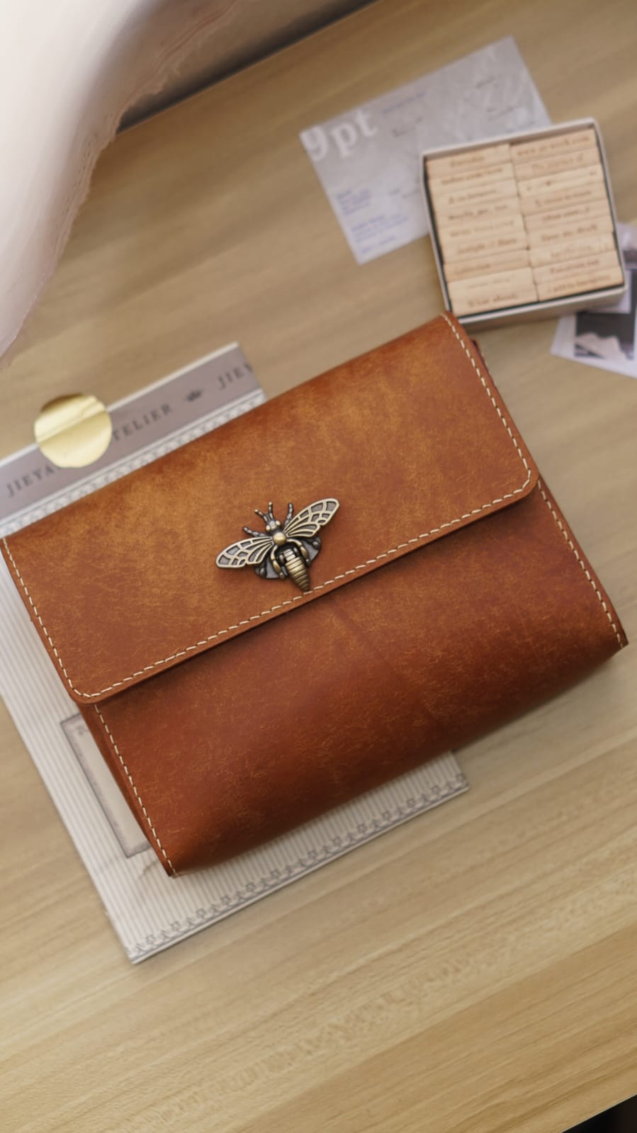 A6 Journal Pouch Organizer, Leather Stationery Case with Bee Button