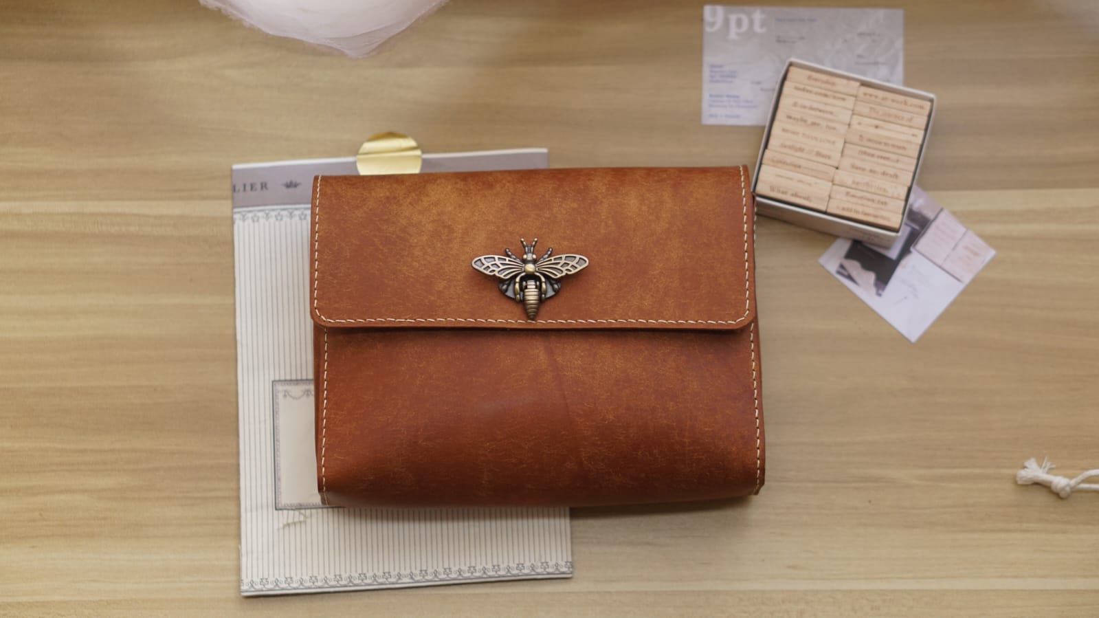 A6 Journal Pouch Organizer, Leather Stationery Case with Bee Button - Image 5